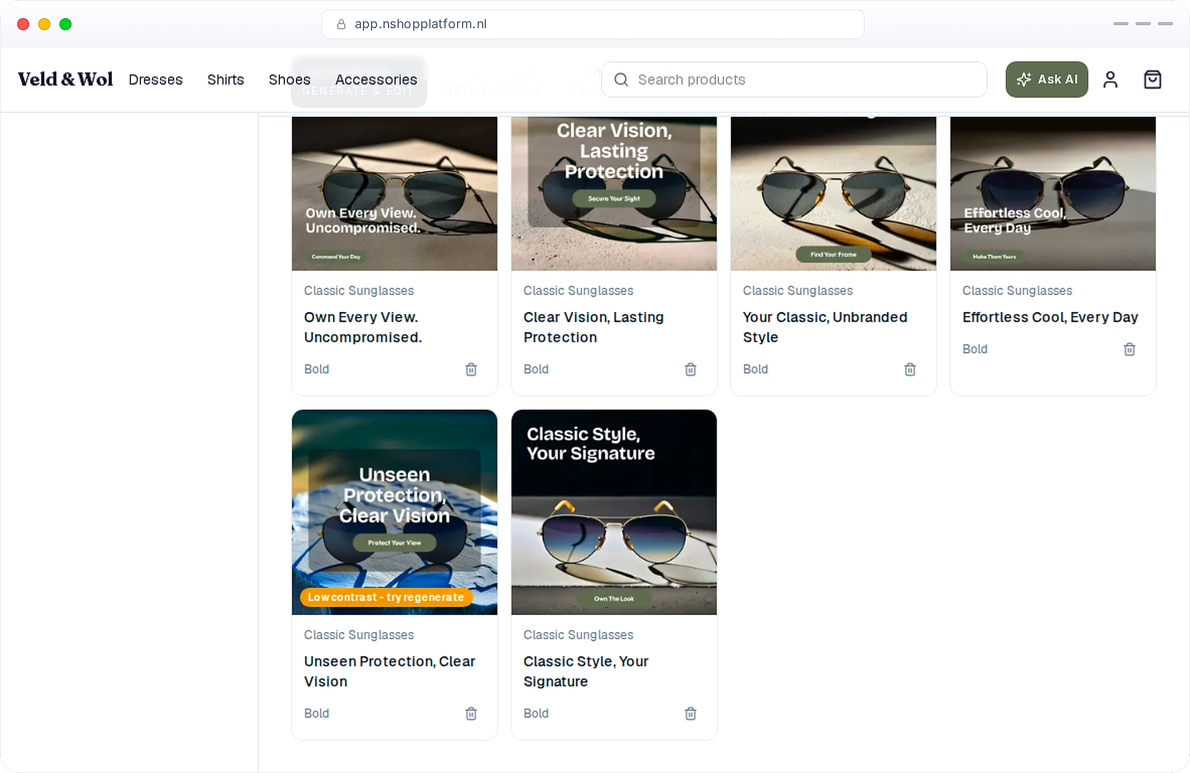 Six AI-generated ad creatives for one product, each scored for contrast and on-brand colour