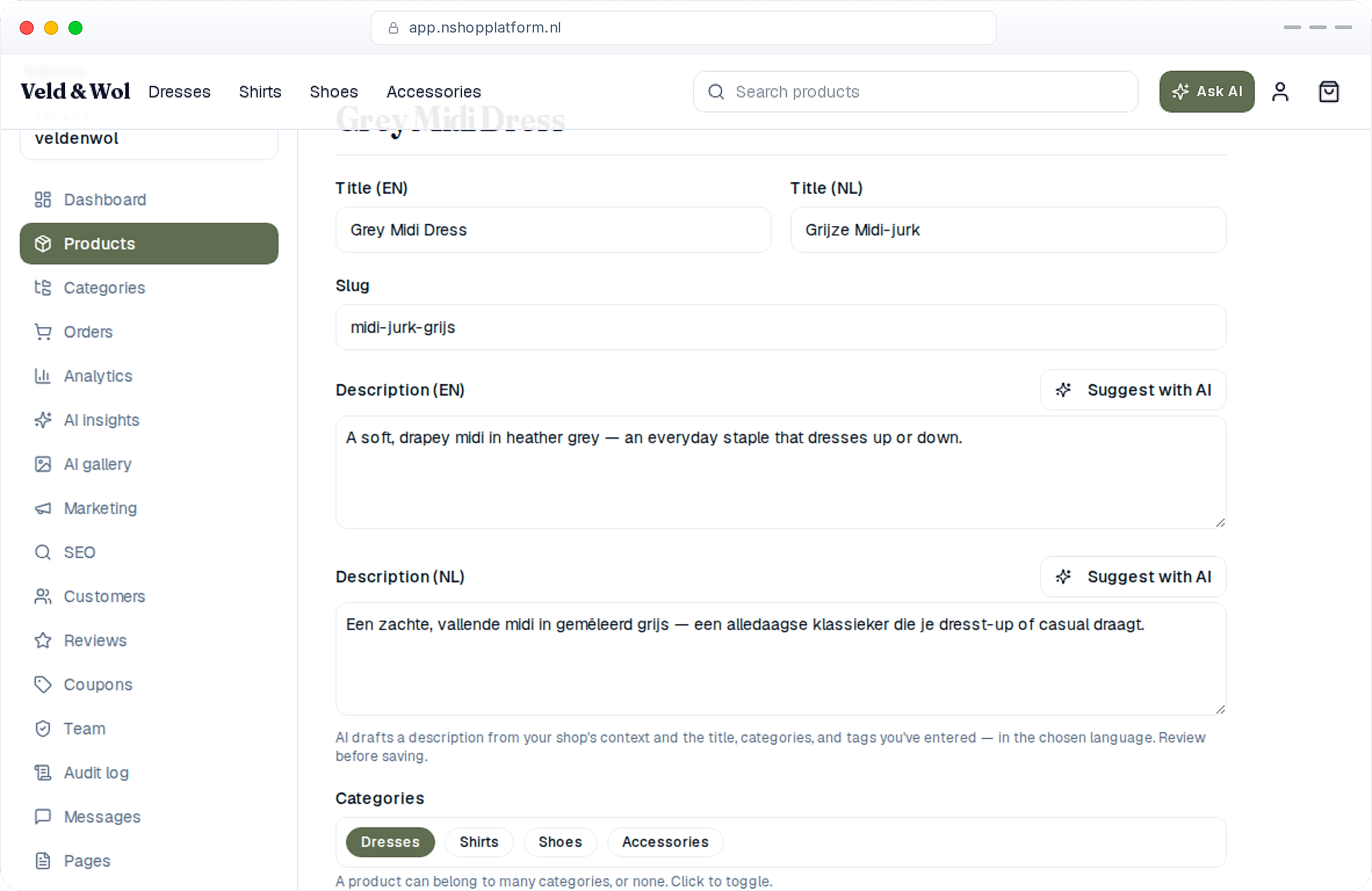 The product editor with one-tap Suggest with AI on every field