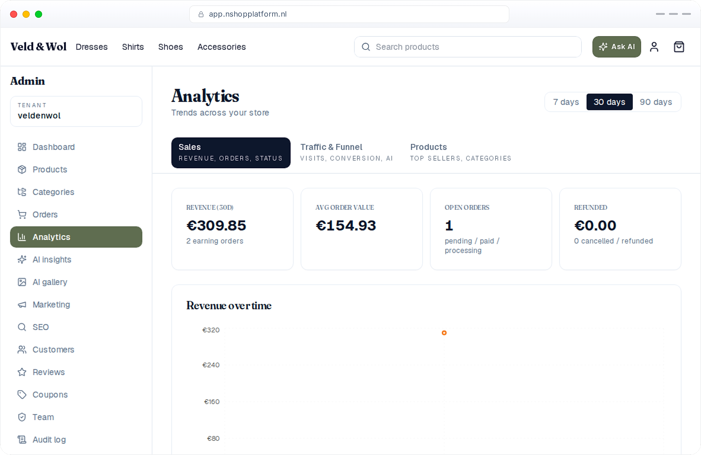 Built-in analytics with revenue and order charts