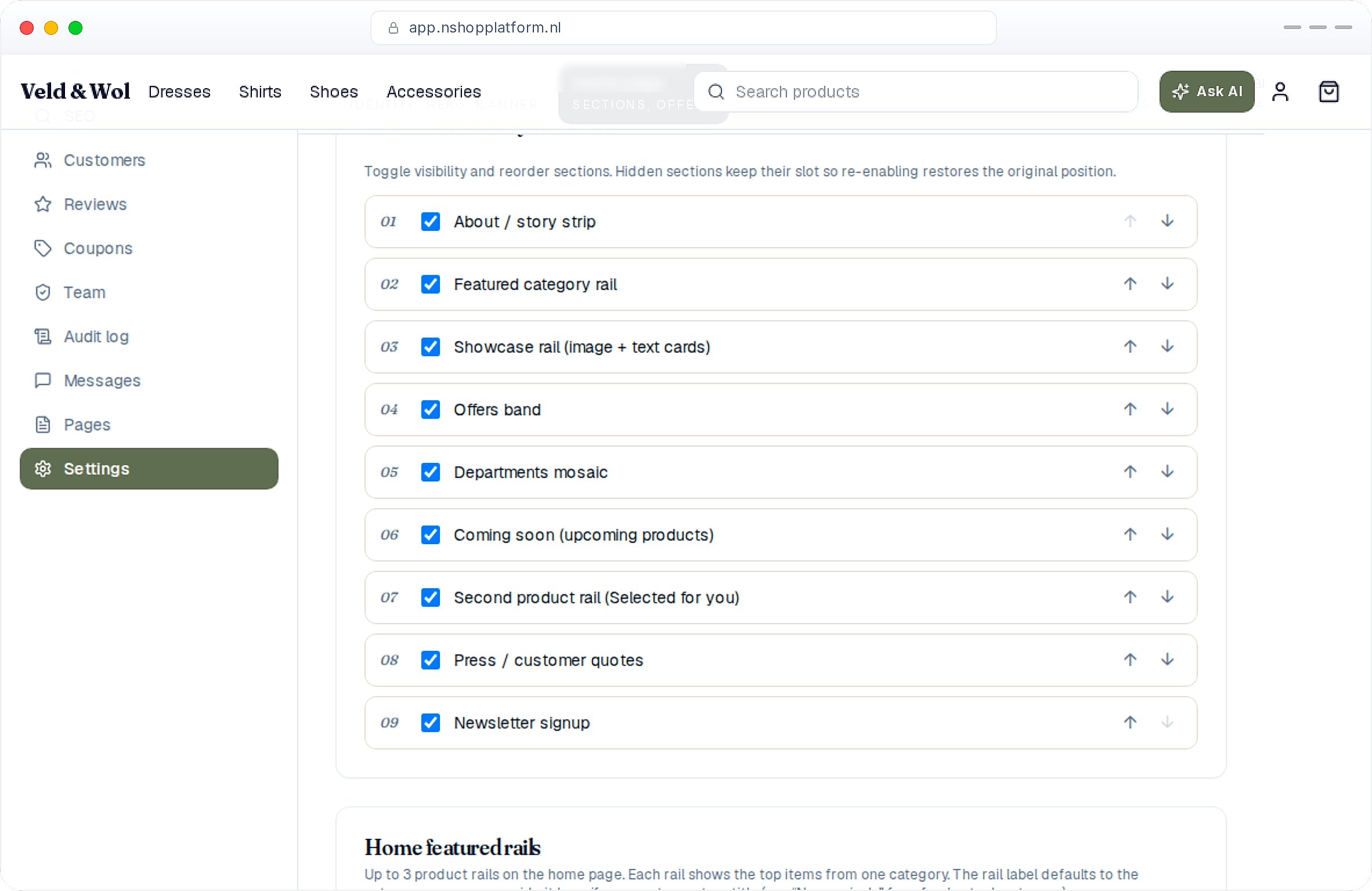The drag-and-drop home-page builder: reorder and toggle every section
