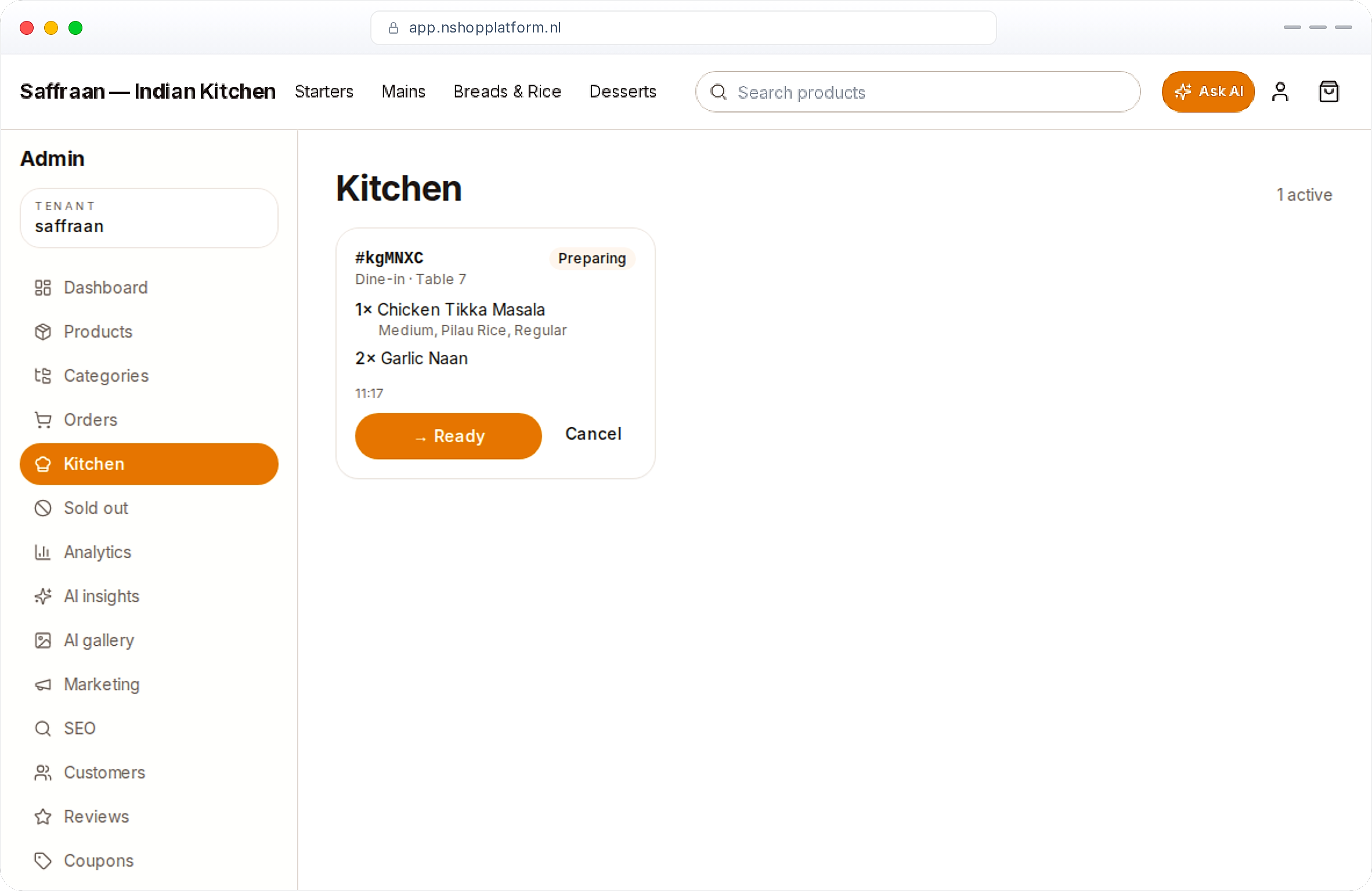 The live kitchen board with food tickets