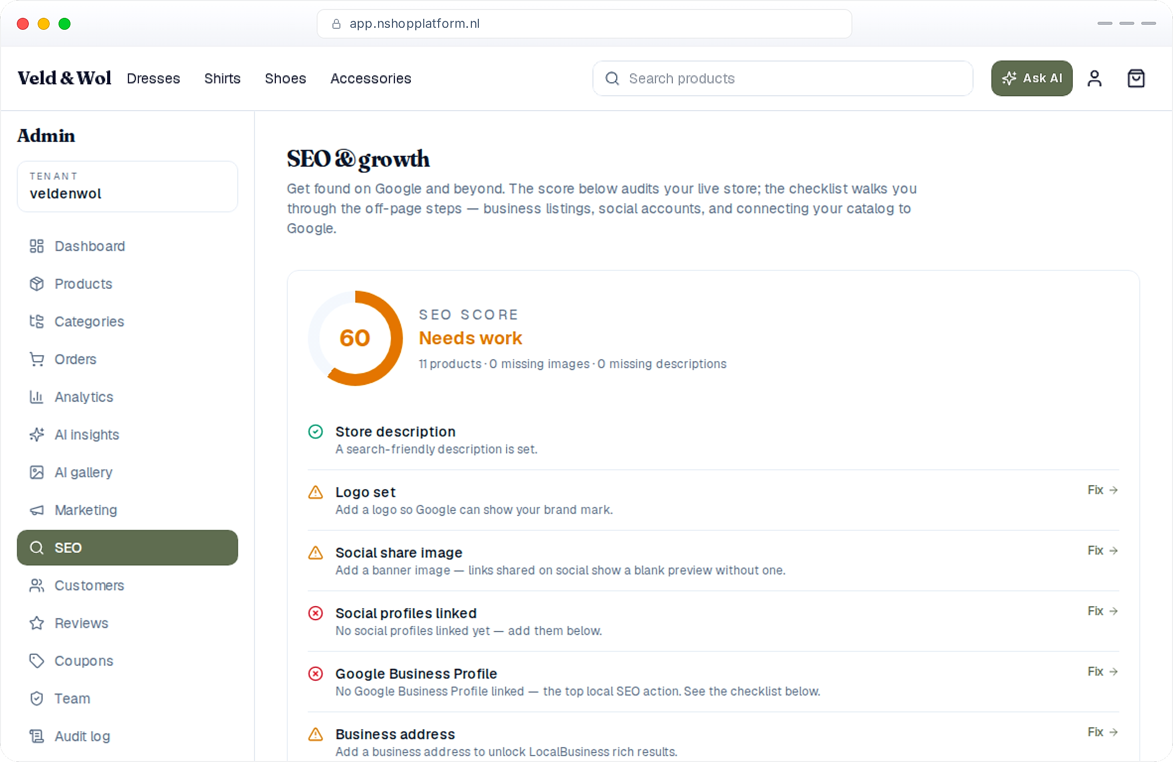 The SEO health score with a weighted 0–100 dial and guided checklist