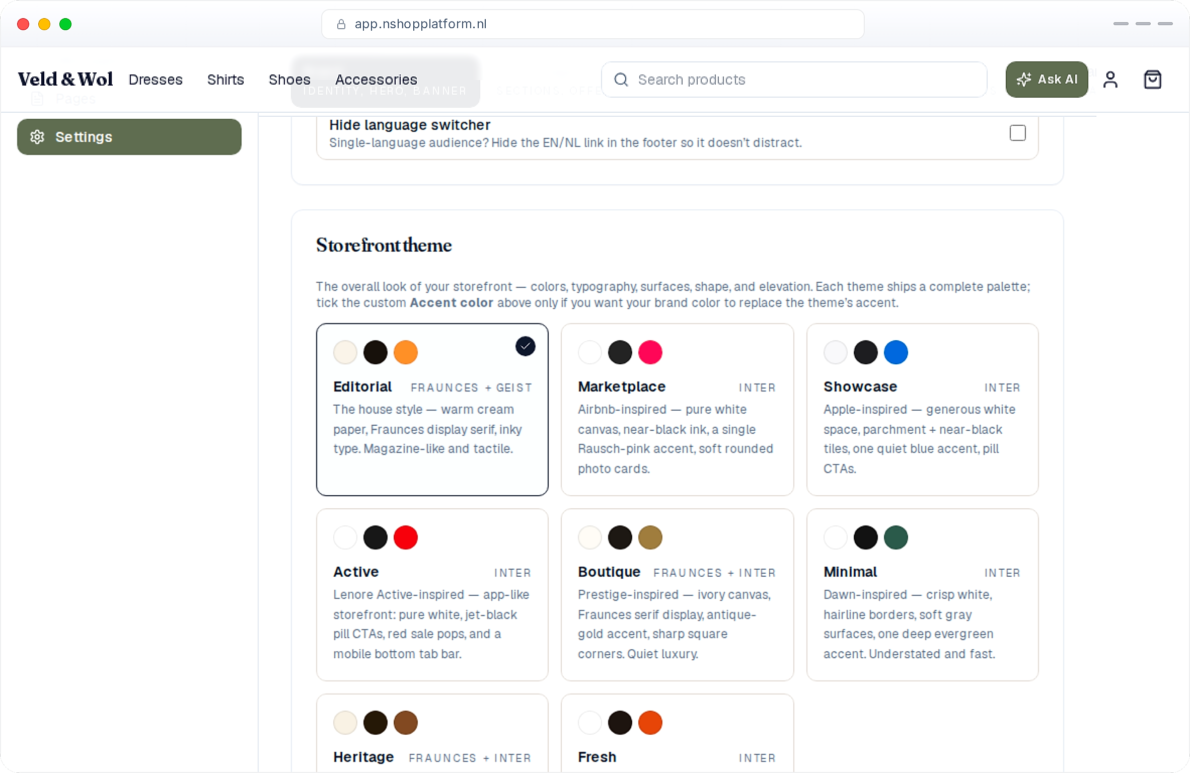 Switching the storefront theme from a single setting in the admin