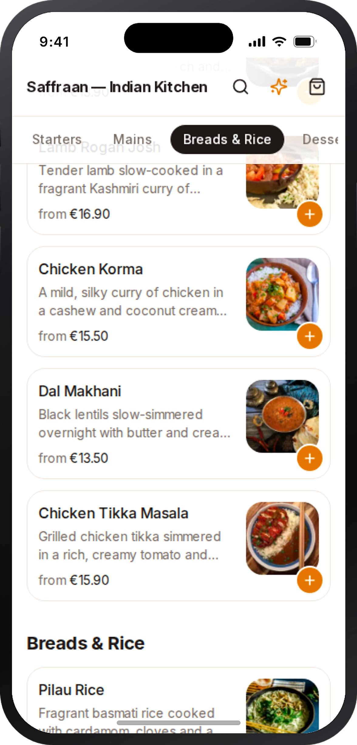 A restaurant storefront menu with category tabs
