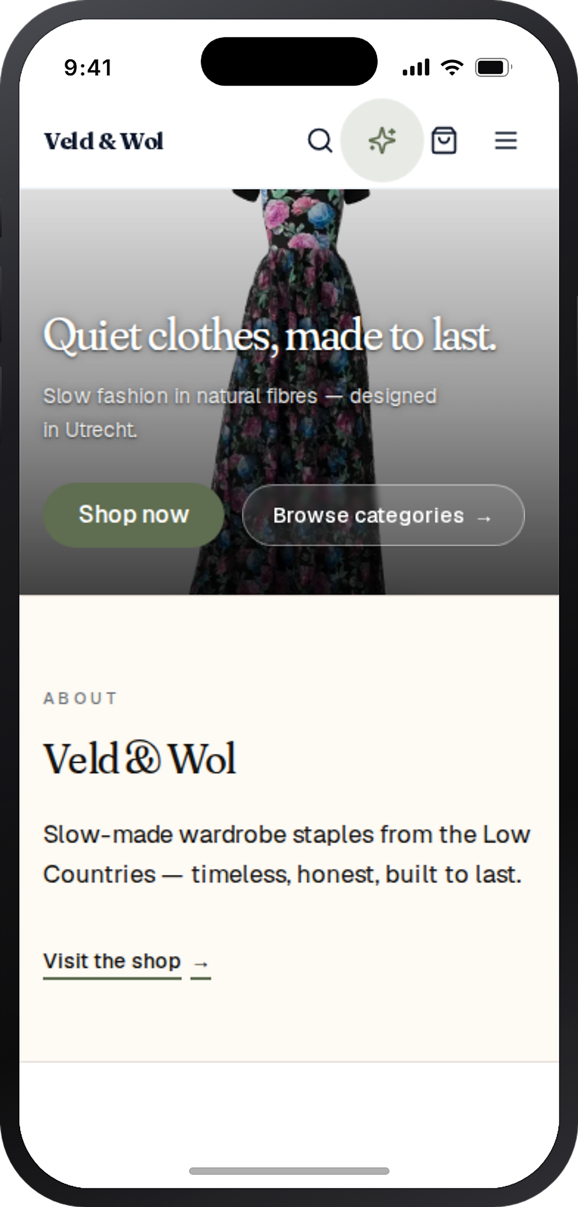 A Veld & Wol storefront running on a phone